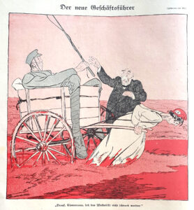 Teckning av kvinna som drar kärra med Frankrikes premiär- och krigsminister Georges Clemenceau i. I bakgrunden står en man som ger Clemenceau en piska.