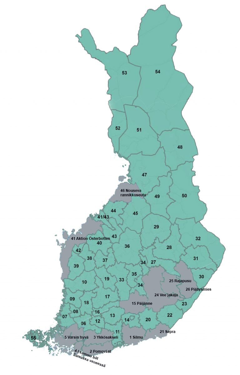 En karta över Finland där alla 54 leaderområden är utmärkta.