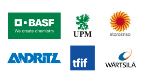 Bild på logotyper för företag som sponsorerade DI-dagen 2022. Basf, UPM, Stora Enso, Andritz, Tekniska Föreningen i Finland, Wärtsilä