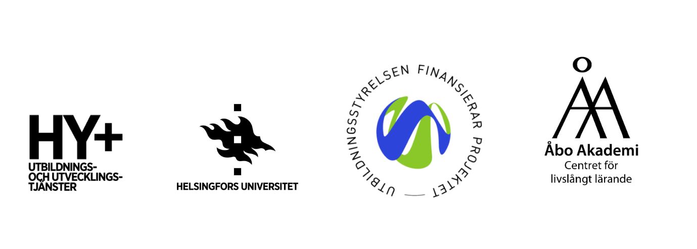 Logotyper för HY+, Helsingfors universitet, Utbildningsstyrelsen finansierar, och Centret för livslångt lärande vid Åbo Akademi